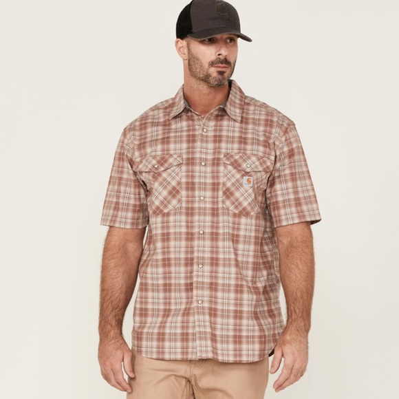 Carhartt Rugged Flex Nutmeg Plaid Relaxed Short Sleeve Snap Western Shirt - Sz L - Picture 1 of 16